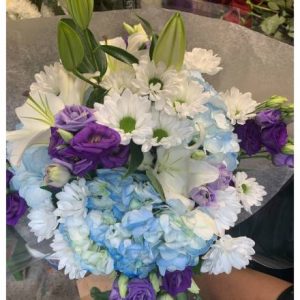Blue Hydrangea and purple Lisantrus