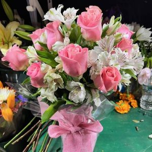 Pink roses and Astromelias vase