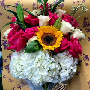 Pink Roses, White Roses, and White Hydrangea Vase